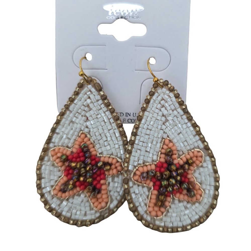 Icon Collection Beaded Starfish‎ Teardrop Earrings White Coral Gold NWT